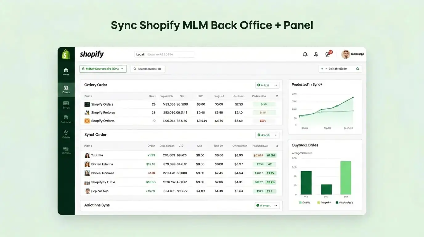 Dashboard showing orders syncing from Shopify to an MLM back office.