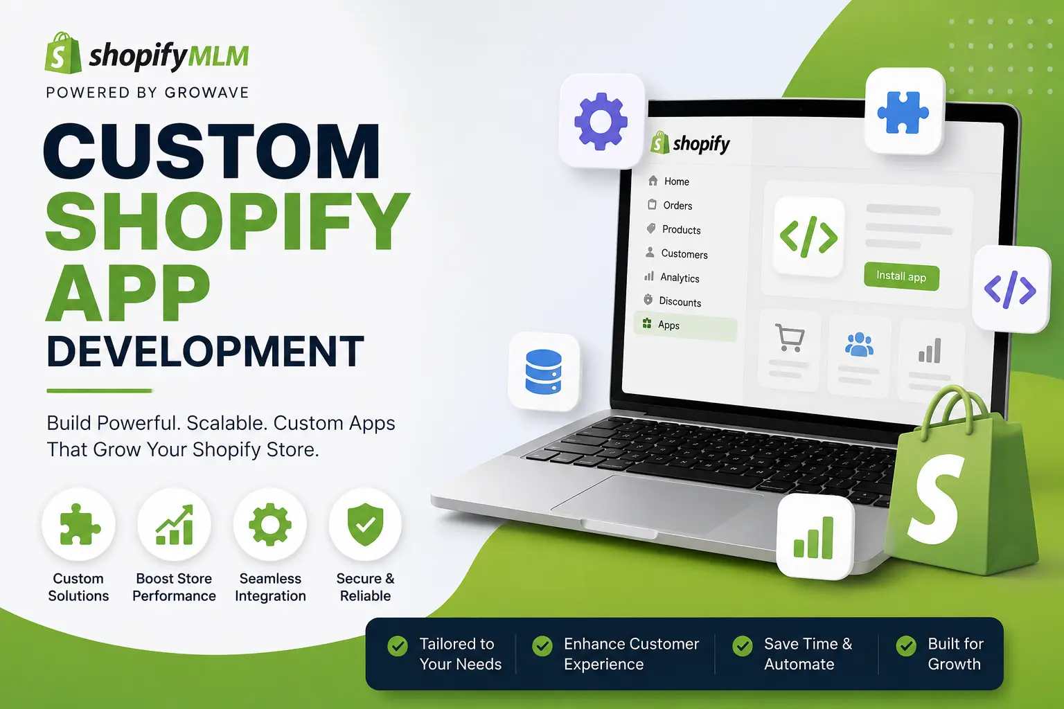 Custom Shopify app development banner showing a Shopify laptop dashboard, app integration icons, and store growth benefits