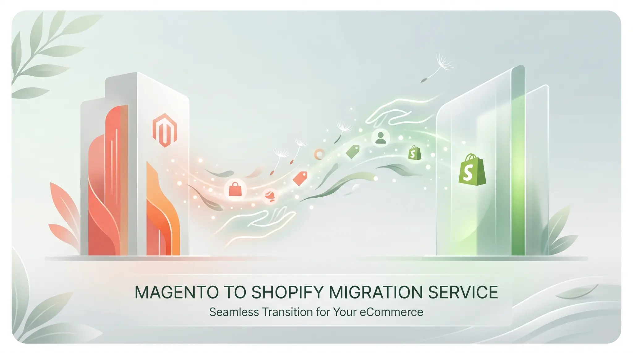 Modern feature image showing Magento to Shopify migration service with two laptops, a transfer arrow, and clean minimalist design elements.