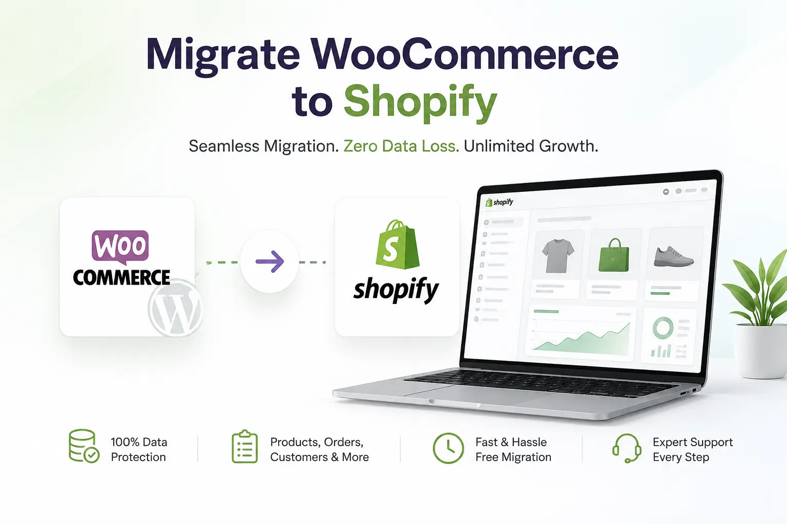 Modern feature image showing WooCommerce to Shopify migration with a clean, minimalist style and a smooth transfer concept.